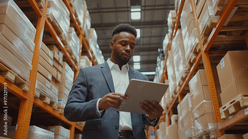 A man in a suit stands in a warehouse, reviewing inventory on a tablet. A man in a suit stands in a warehouse, reviewing inventory on a tablet.