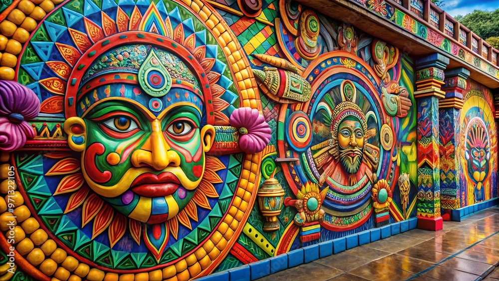 Vibrant Mayan-inspired murals with bright colors and intricate designs Vibrant Mayan-inspired murals with bright colors and intricate designs