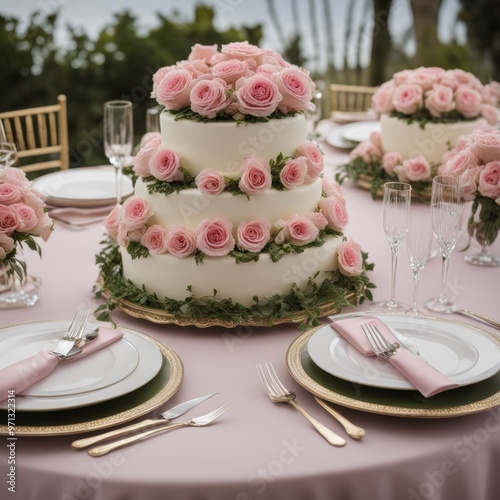 A multi-tiered white wedding cake with pink rose decorations sits at a round table with formal place settings.