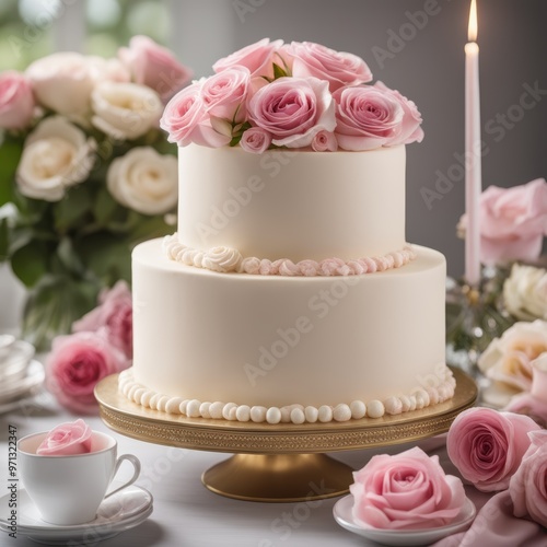 Decorated cream wedding cake with pink roses on a white tablecloth.