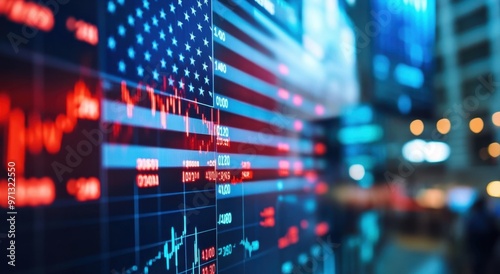 A stock market display showing the U.S. flag and financial data, with numbers in English on it The background is blurred to highlight details of an American wallpaper design with the U.S Generative AI