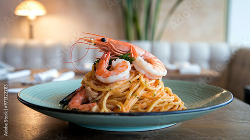 A vibrant plate of seafood spaghetti aglio e olio topped with shrimp and mussels, garnished with basil and cheese, in an elegant restaurant setting. photo