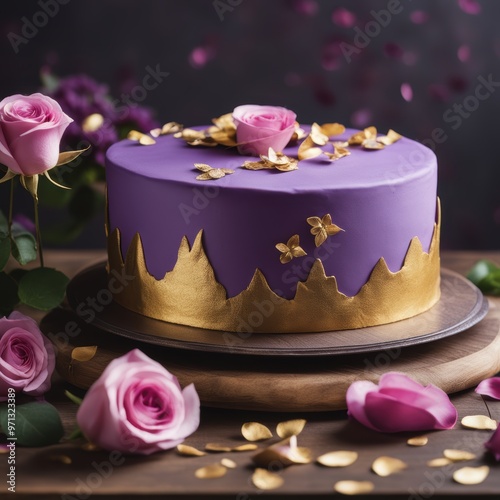 Rich purple cake with gold accents pink roses and a dark background.