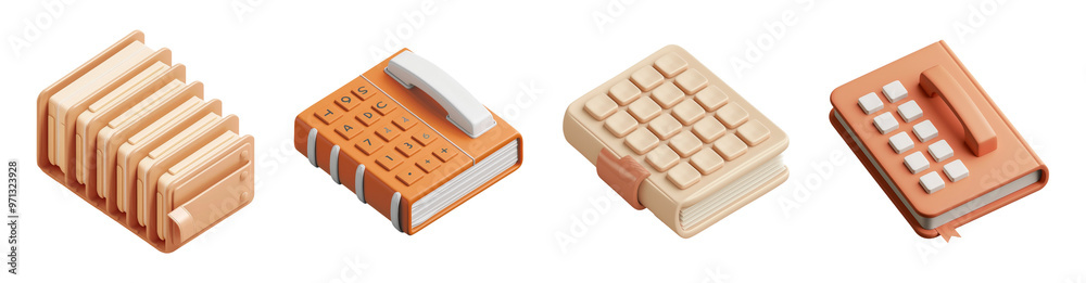 3D render icon set book education learning telephone calculator business office element minimal style isolated background clipping path included 3D render icon set book education learning telephone calculator business office element minimal style isolated background clipping path included