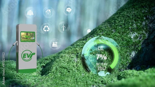 EV Net Zero 2050 Green Sphere Earth Icons Charger Concept On Moss Tree