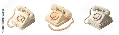 Three beige vintage telephones rotary dial old fashioned communication device retro style 3d render isolated white background minimal concept contact us customer support service hotline call us now