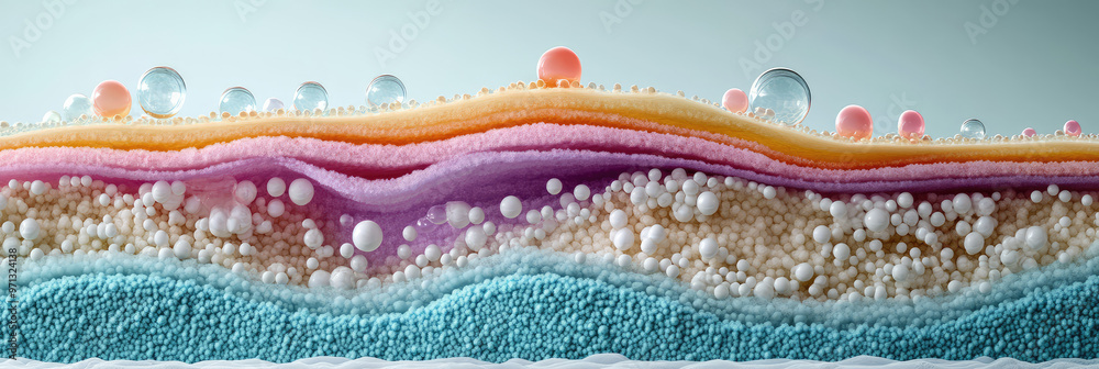 3d style structure of the skin water balance. Layers of water with bubbles and waves, splashes and cells. Abstract background of moisturization 3d style structure of the skin water balance. Layers of water with bubbles and waves, splashes and cells. Abstract background of moisturization