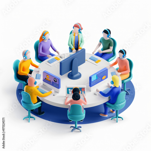 Customer service team working at call center 3d illustration online support agents with headsets and computers communication teamwork concept modern office work desk workplace design