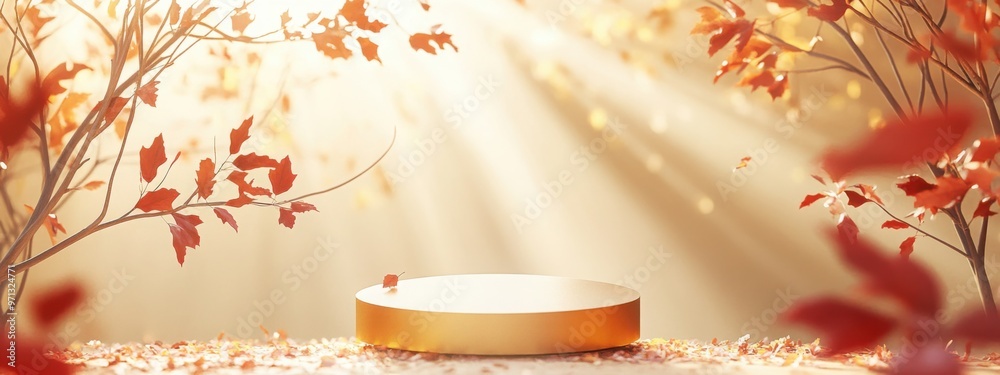 A golden podium placed in the center, surrounded by thin branches with autumn leaves. A golden podium placed in the center, surrounded by thin branches with autumn leaves.
