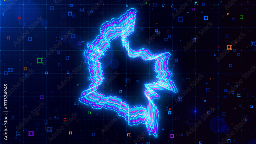 A vibrant digital artwork of Colombia map outlined with neon lines, set against a futuristic grid background with colorful abstract HUD squares. A vibrant digital artwork of Colombia map outlined with neon lines, set against a futuristic grid background with colorful abstract HUD squares.