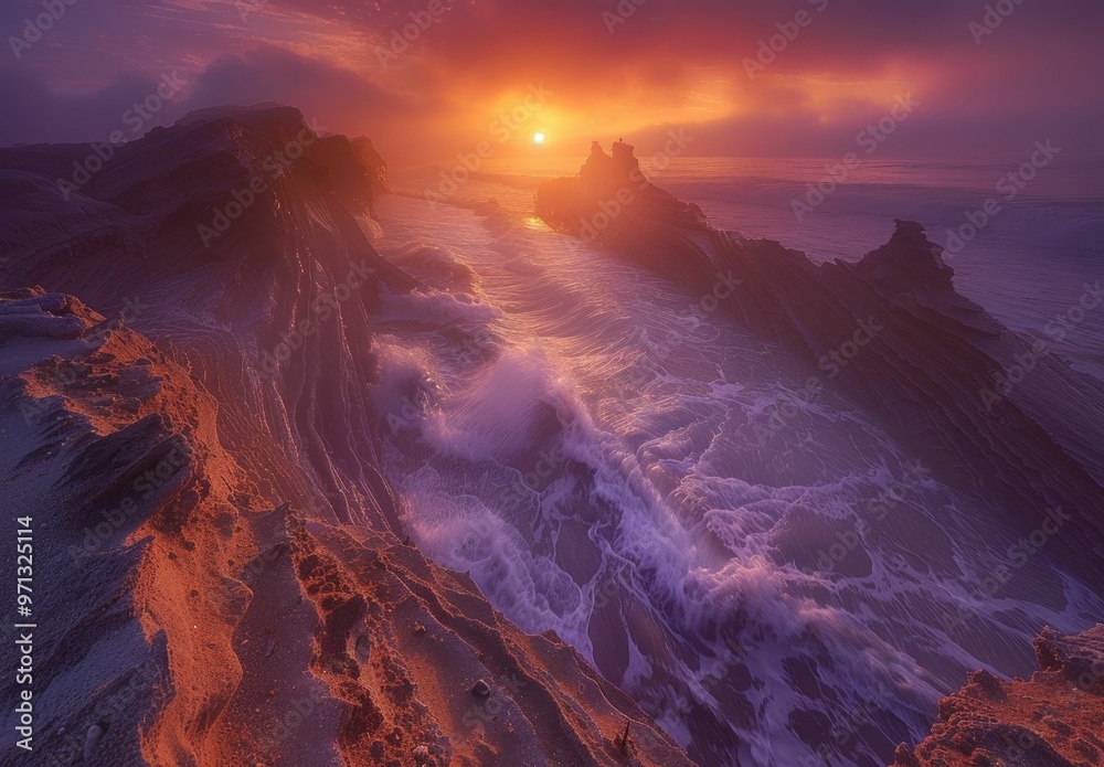 Fototapeta premium Dramatic sunrise over rocky coastline with waves crashing and vibrant colors in the sky