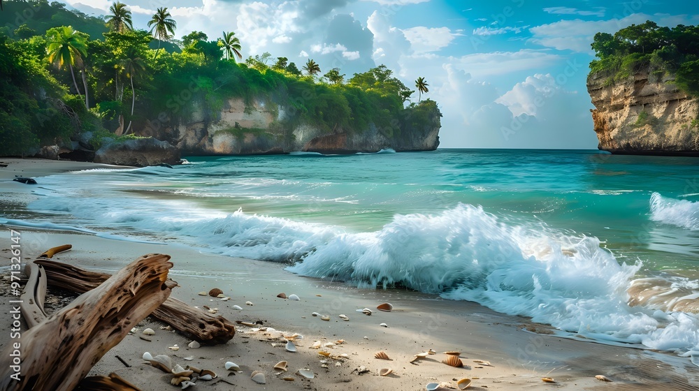 Fototapeta premium Lively ocean waves in rich azure hues crashing against dramatic cliffs, perfect for evoking a sense of adventure and strength.