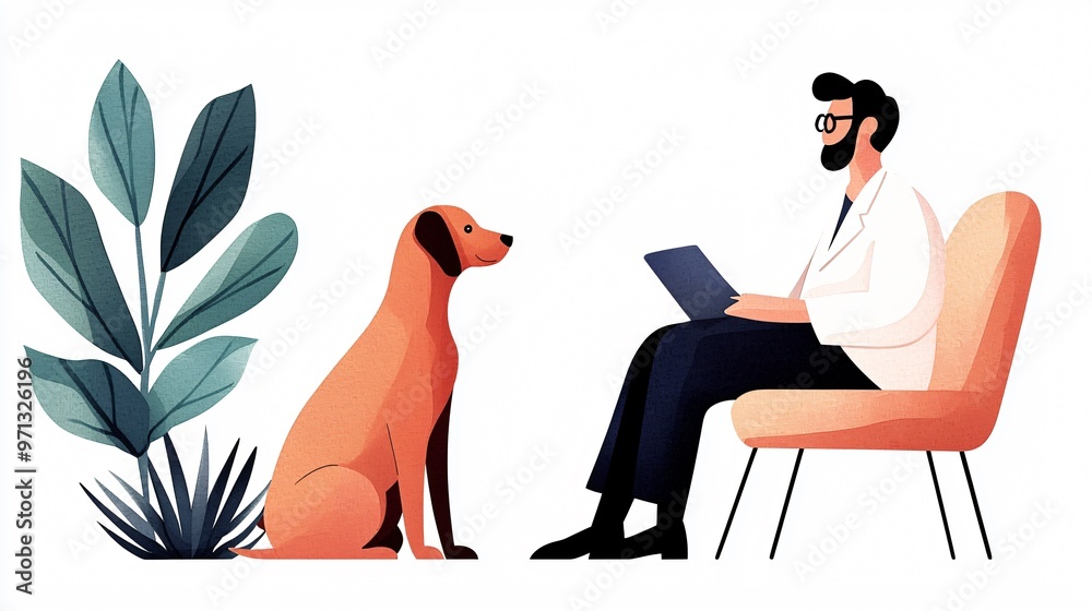 Illustrate a unique and engaging scene from a Pet health business services skillfully composed from a tilted angle view Blend traditional watercolor techniques with a touch of modern Illustrate a unique and engaging scene from a Pet health business services skillfully composed from a tilted angle view Blend traditional watercolor techniques with a touch of modern