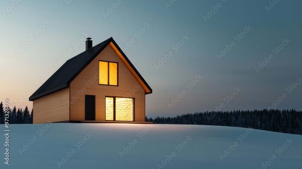 an insulated ecofriendly cabin in a snowy landscape, highlighting thick, sustainable insulation and natural materials, warm interior lighting an insulated ecofriendly cabin in a snowy landscape, highlighting thick, sustainable insulation and natural materials, warm interior lighting