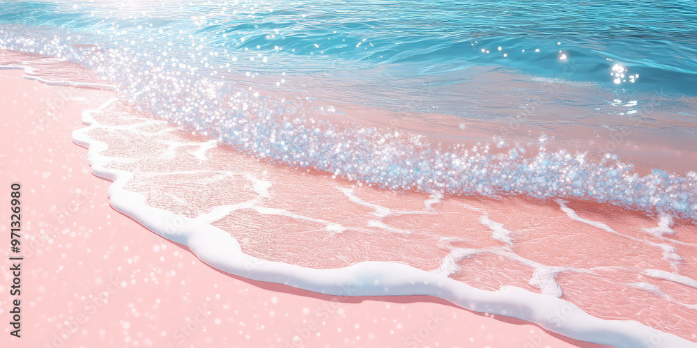 Fototapeta premium Shining sunny coastline with pink sand and texture of crystal clear sea water, foam and waves. Summer background with copy space