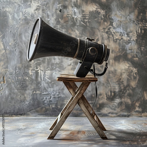 Vintage Megaphone on Director s Chair  Symbolizing Classic Filmmaking and Directing Concept with Copy Space photo