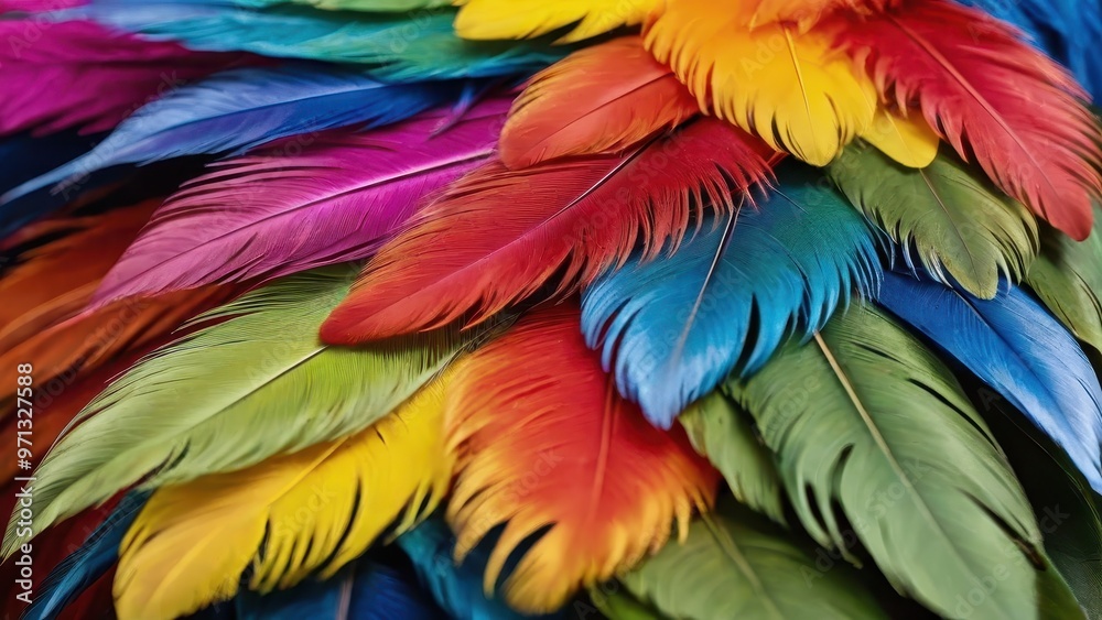 Obraz premium A vibrant array of colorful feathers arranged in a visually striking pattern.