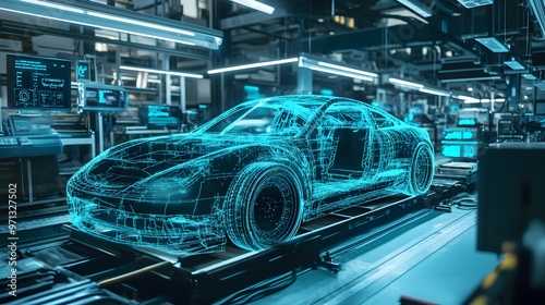 Digital wireframe model of a high-tech,futuristic automobile on display in an advanced manufacturing facility,showcasing innovative automotive design and engineering processes.