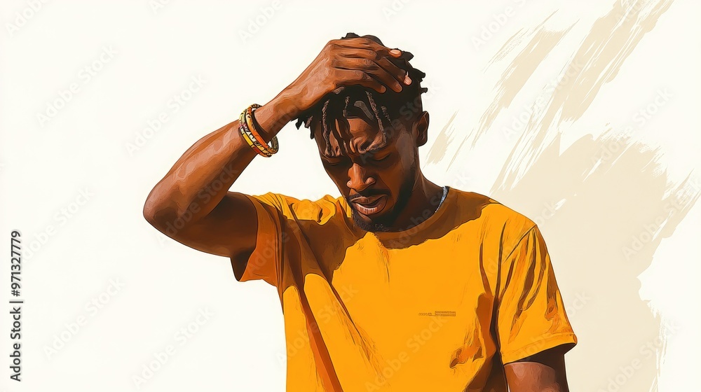 A man appears bewildered while holding his head dressed in a mustard t shirt and bracelet set against a white backdrop A man appears bewildered while holding his head dressed in a mustard t shirt and bracelet set against a white backdrop
