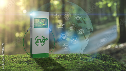 EV Green Earth Charger Concept On Moss Background Sunny Forest