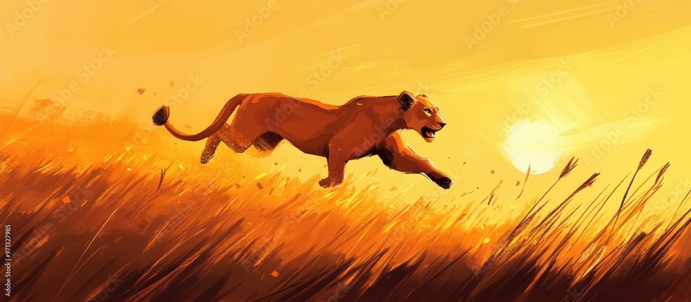 A lioness sprinting through tall grass under the warm glow of the afternoon sun in a natural setting A lioness sprinting through tall grass under the warm glow of the afternoon sun in a natural setting