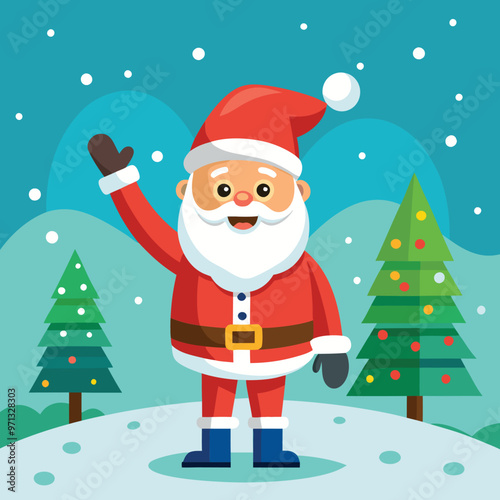 Santa Claus waving cheerfully with snowy landscape and decorated Christmas tree
