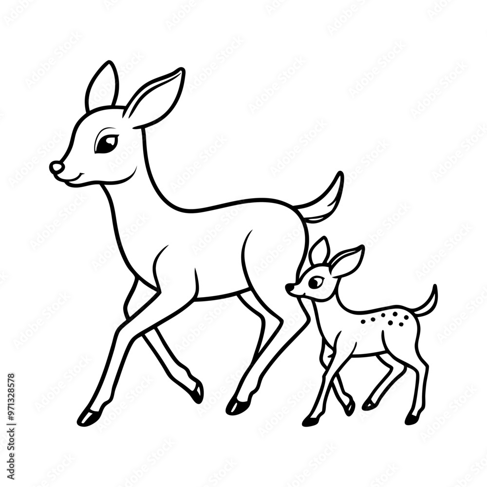 Naklejka premium Hand draw 2 cute baby Deer vector, line art, silhouette ,black and white
