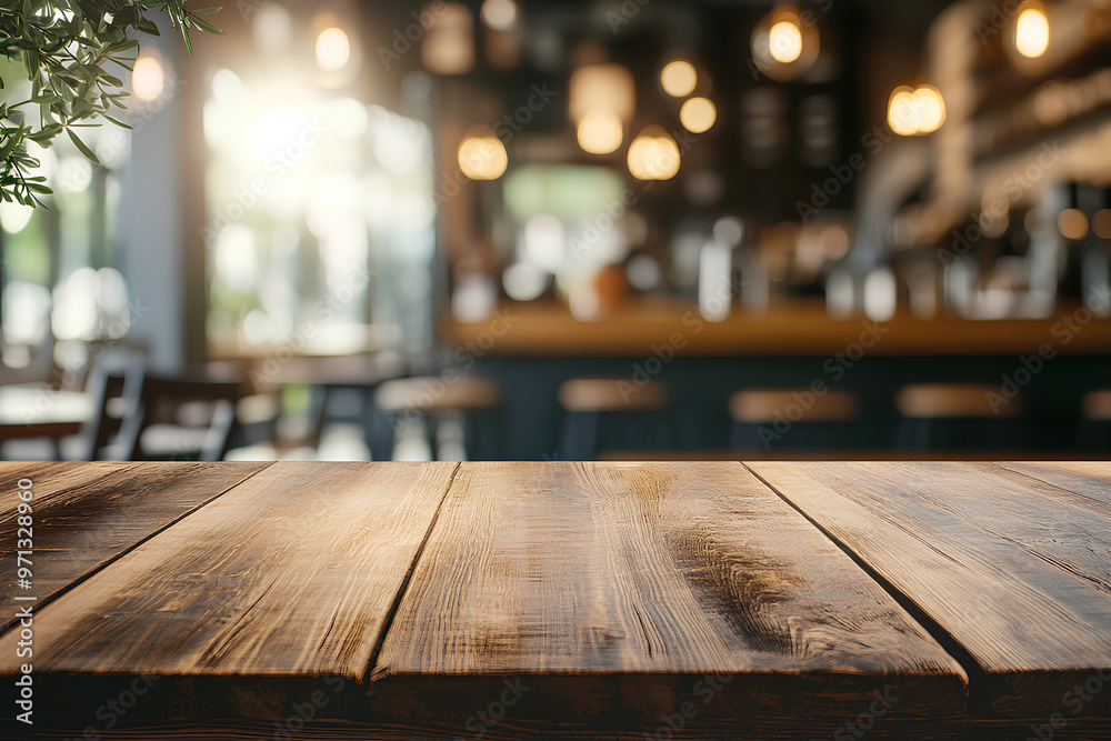 Empty wood table with blur interior coffee shop restaurant or cafe for background Empty wood table with blur interior coffee shop restaurant or cafe for background