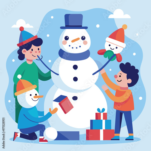 Snowman building activity with children adding buttons and a hat