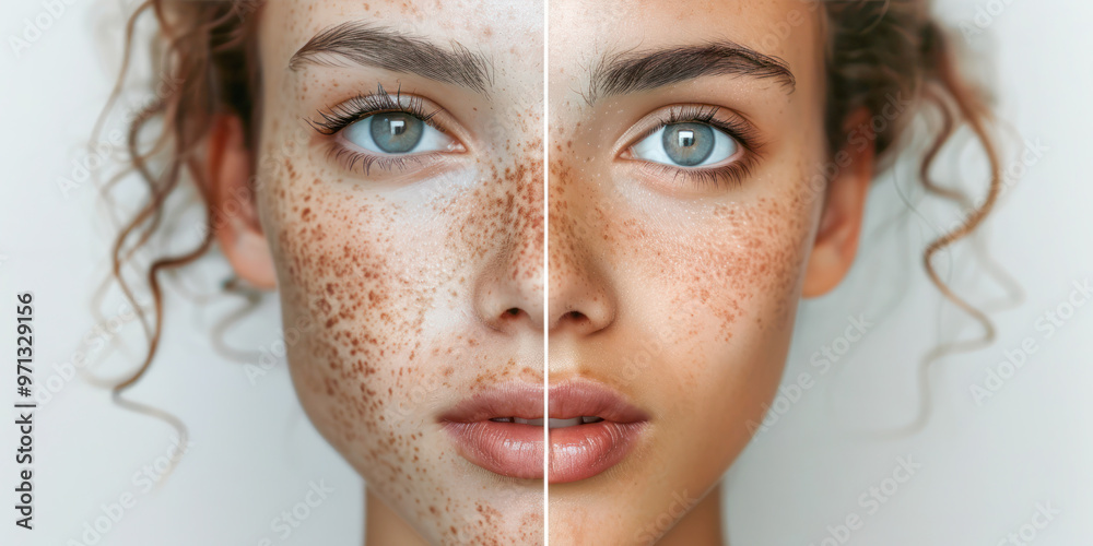 Before and after close-up comparison of a woman's face with freckles ...