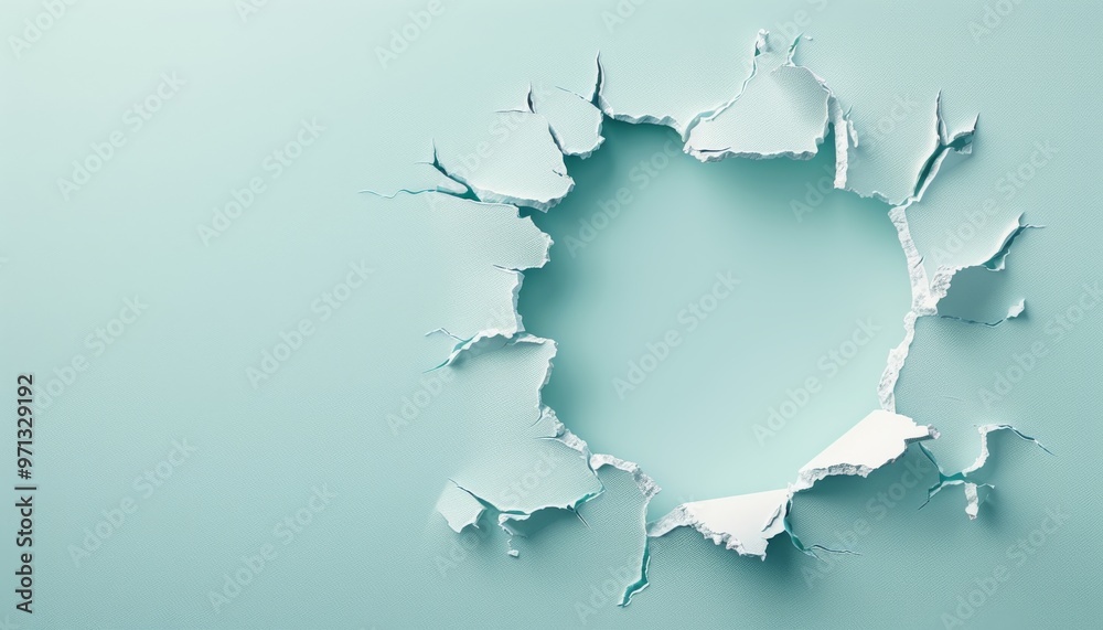 Torn Surface Revealing Calm Atmosphere, a subtle yet striking hole in a soft mint background invites curiosity, suggesting hidden depths beyond the visible surface. Torn Surface Revealing Calm Atmosphere, a subtle yet striking hole in a soft mint background invites curiosity, suggesting hidden depths beyond the visible surface.
