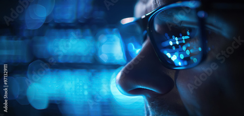 Wallpaper Mural Cybersecurity expert analyzing threat patterns in a digital landscape, Dark mode, Blue neon, Digital art, Intense focus Torontodigital.ca