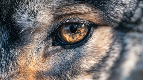 Close up of a wolf's eye with a sharp focus on the golden brown iris and black pupil.