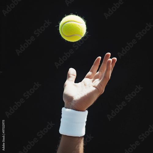 A close-up of a hand with a white wristband tossing a tennis ball in the air against a solid black background. The ball is in mid-air, with the focus on the hand and ball interaction. photo