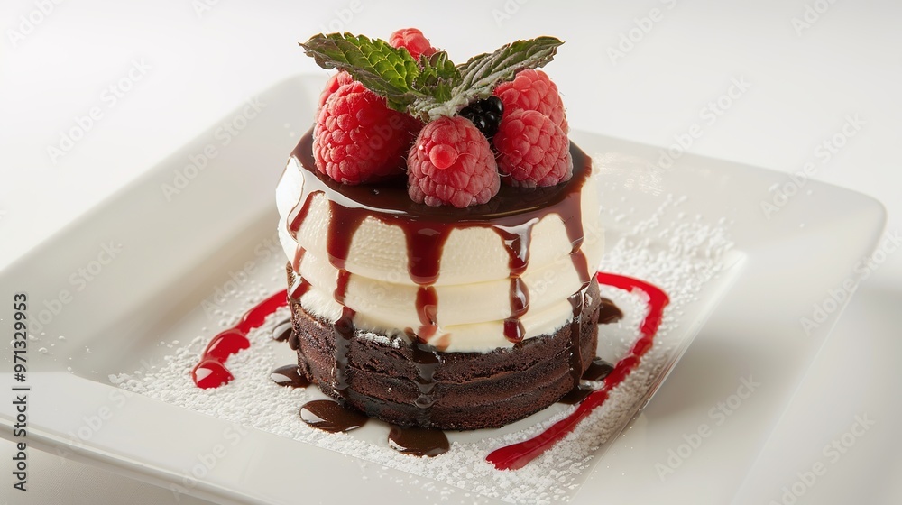 A delicious dessert is placed on a clean and pure white background. The dessert might have a rich and creamy texture. It could be a slice of cake with multiple layers or a decadent pastry. 