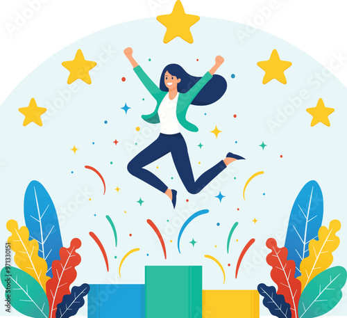 Young business woman celebrating 5 stars rating, best score rating, customer experience concept