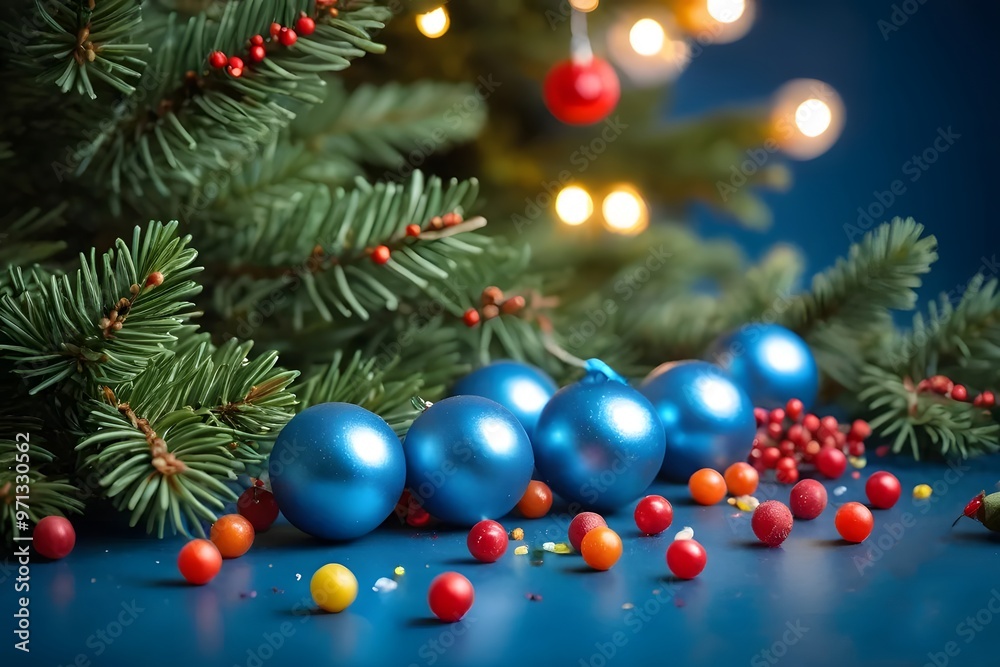 Christmas blue background with a Christmas tree, with blue balls on a dark wooden table, with garlands and bokeh Christmas blue background with a Christmas tree, with blue balls on a dark wooden table, with garlands and bokeh