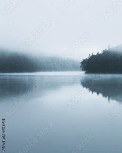 calm lake shrouded in morning fog, with faint silhouettes of trees in the distance