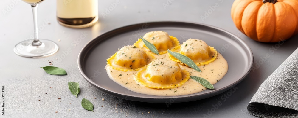 Chardonnay with pumpkin ravioli, sage butter sauce, autumnal scene, 3D illustration Chardonnay with pumpkin ravioli, sage butter sauce, autumnal scene, 3D illustration