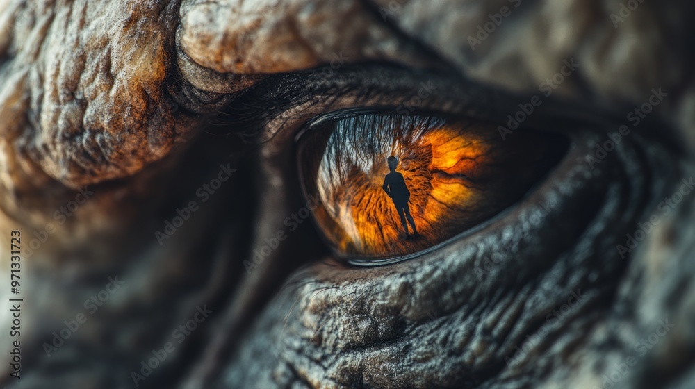Close-up of a large, reptilian eye with a human silhouette reflected in the iris. Close-up of a large, reptilian eye with a human silhouette reflected in the iris.