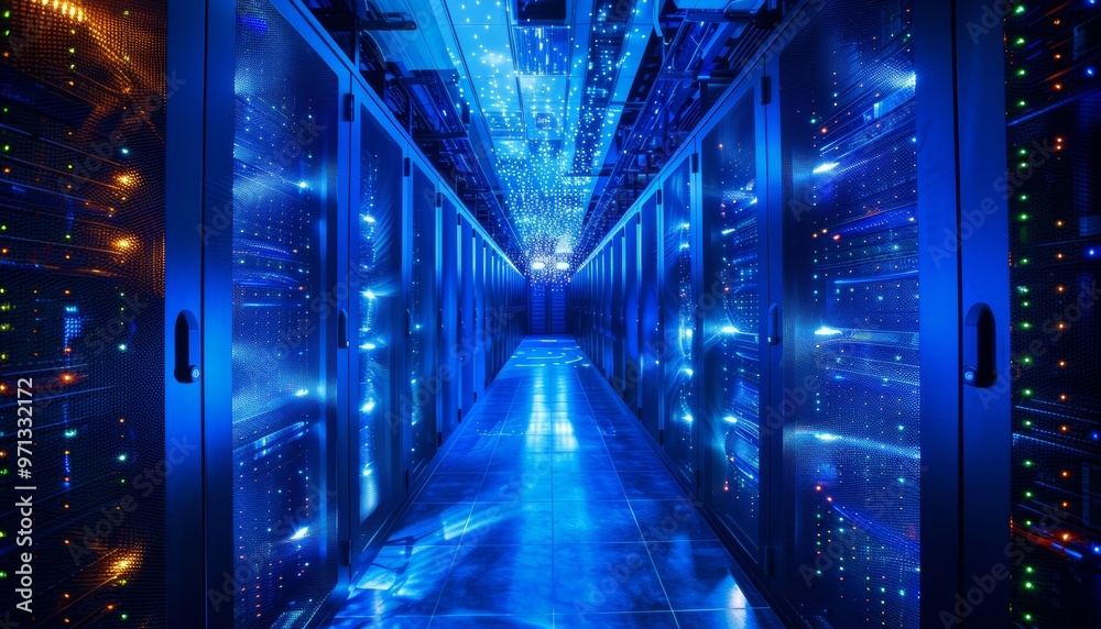 image depicting the interior of a server room a datacenter, bathed in blue light image depicting the interior of a server room a datacenter, bathed in blue light