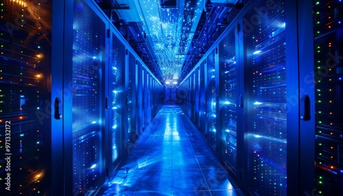 image depicting the interior of a server room a datacenter, bathed in blue light