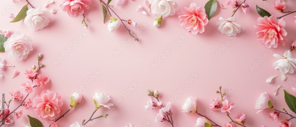 Obraz premium Delicate floral arrangement, soft pink background, vibrant blooms in shades of pink and white, evoking a sense of springtime beauty and tranquility.