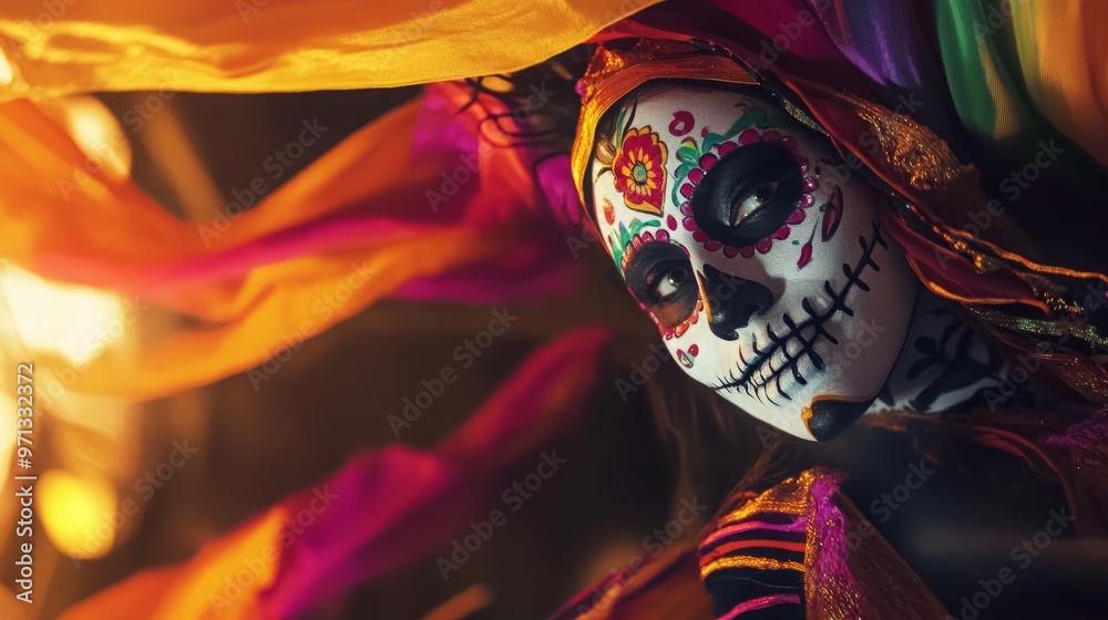Fototapeta premium Colorful dia de los muertos celebration with traditional sugar skull makeup