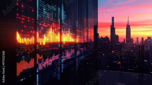 Wallpaper Mural Cityscape at Sunset with Financial Data Displayed on a Building Torontodigital.ca
