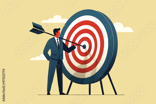 Business concept, targets and achievements, businessman standing sticking arrow at the right target