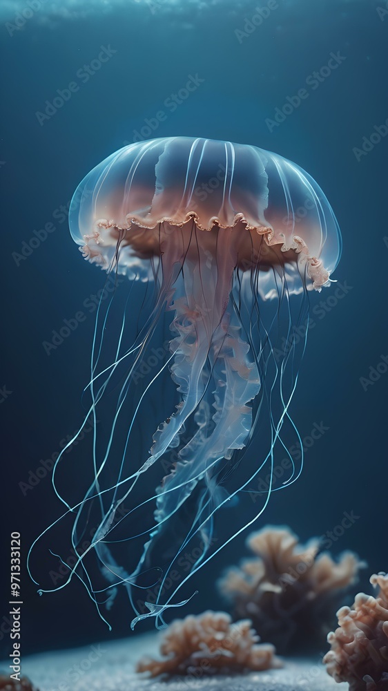 Minimal shot of a jellyfish floating in a clear, blue-tinted aquarium with no other distractions
Minimal shot of a jellyfish floating in a clear, blue-tinted aquarium with no other distractions