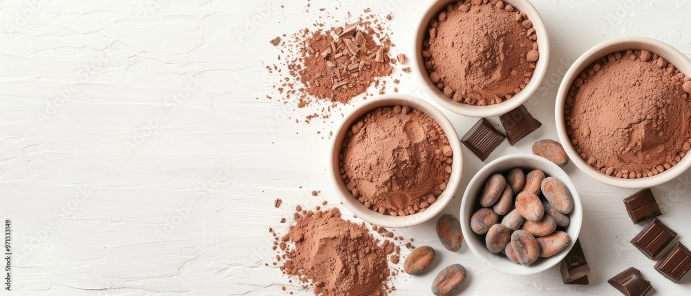Cocoa Delights, bowls filled with cocoa powder, chocolate shavings, and cacao beans arranged artistically on a textured light background, capturing the essence of chocolate-making. Cocoa Delights, bowls filled with cocoa powder, chocolate shavings, and cacao beans arranged artistically on a textured light background, capturing the essence of chocolate-making.