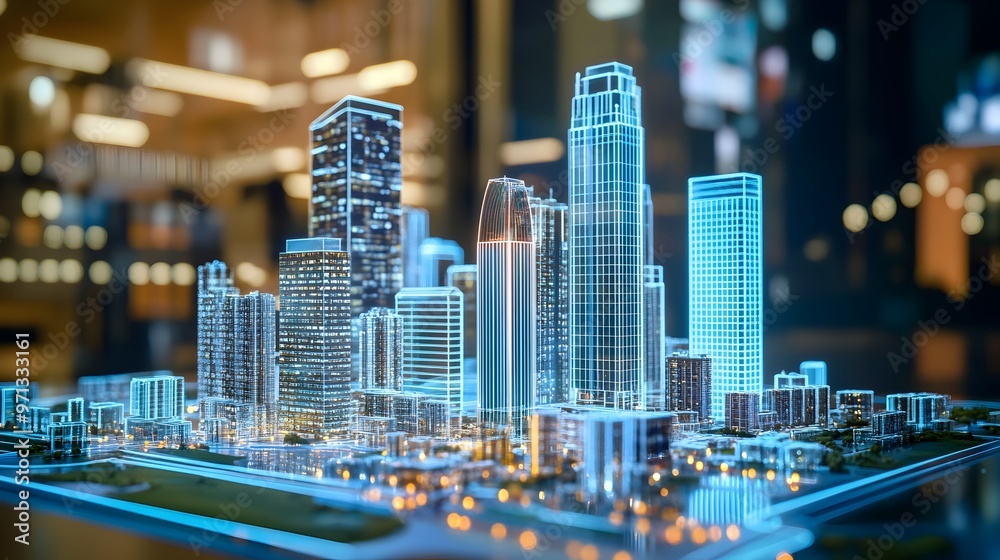 Obraz premium Glittering Metropolis:A Vivid Virtual Cityscape of Soaring Skyscrapers and Illuminated Streets. A digital rendering showcasing the futuristic architecture,dynamic transportation.