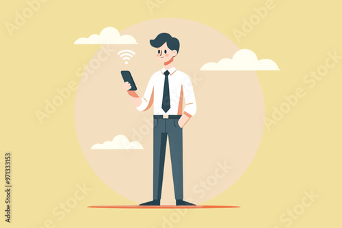 Information technology supporting business concept, businessman holding a cellphone while receiving a wifi signal via his smartphone